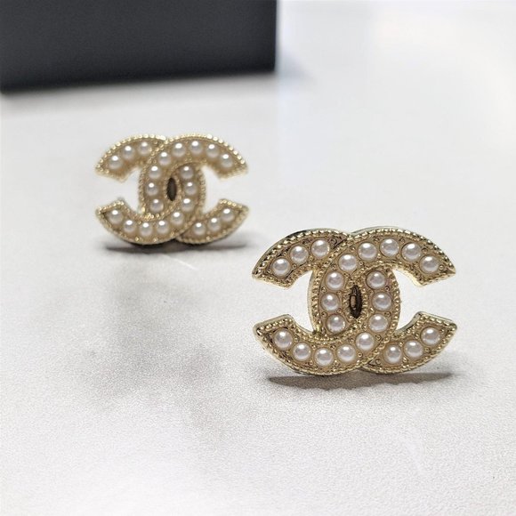 Upcycled CC Pearl Button Earrings - Picture 2 of 5